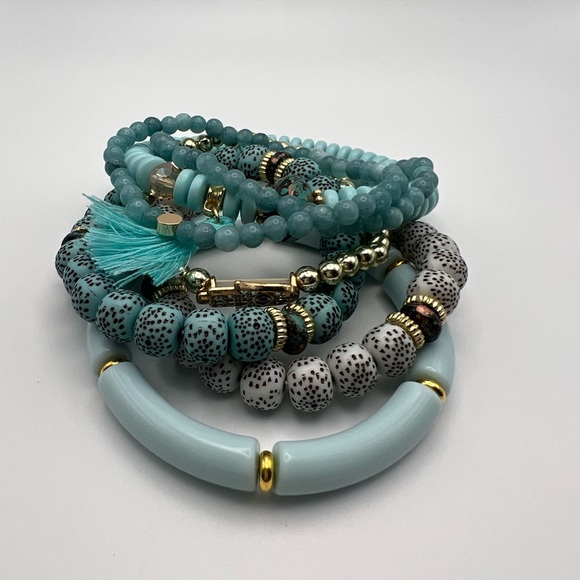 Blue Boho Chic Bead Bracelet Set - Trendy Stylish Stacked Bracelet Set - Picture 7 of 14